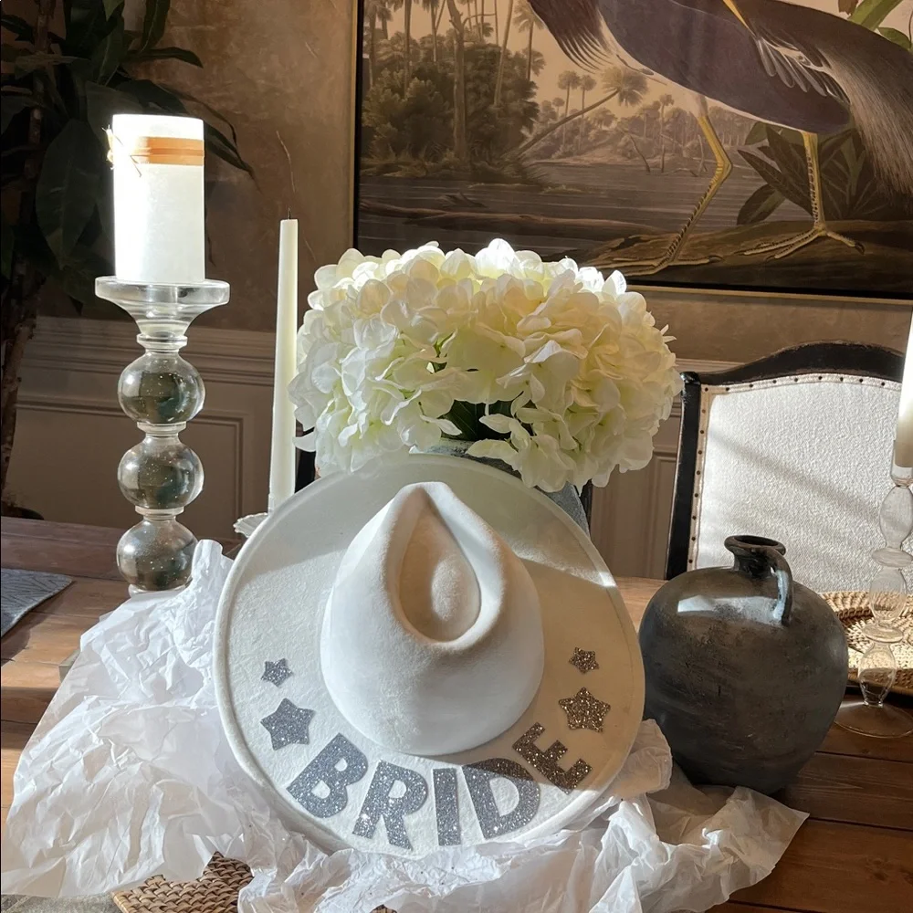 White Bride Party Hat with Sparkling Silver Accents NWT